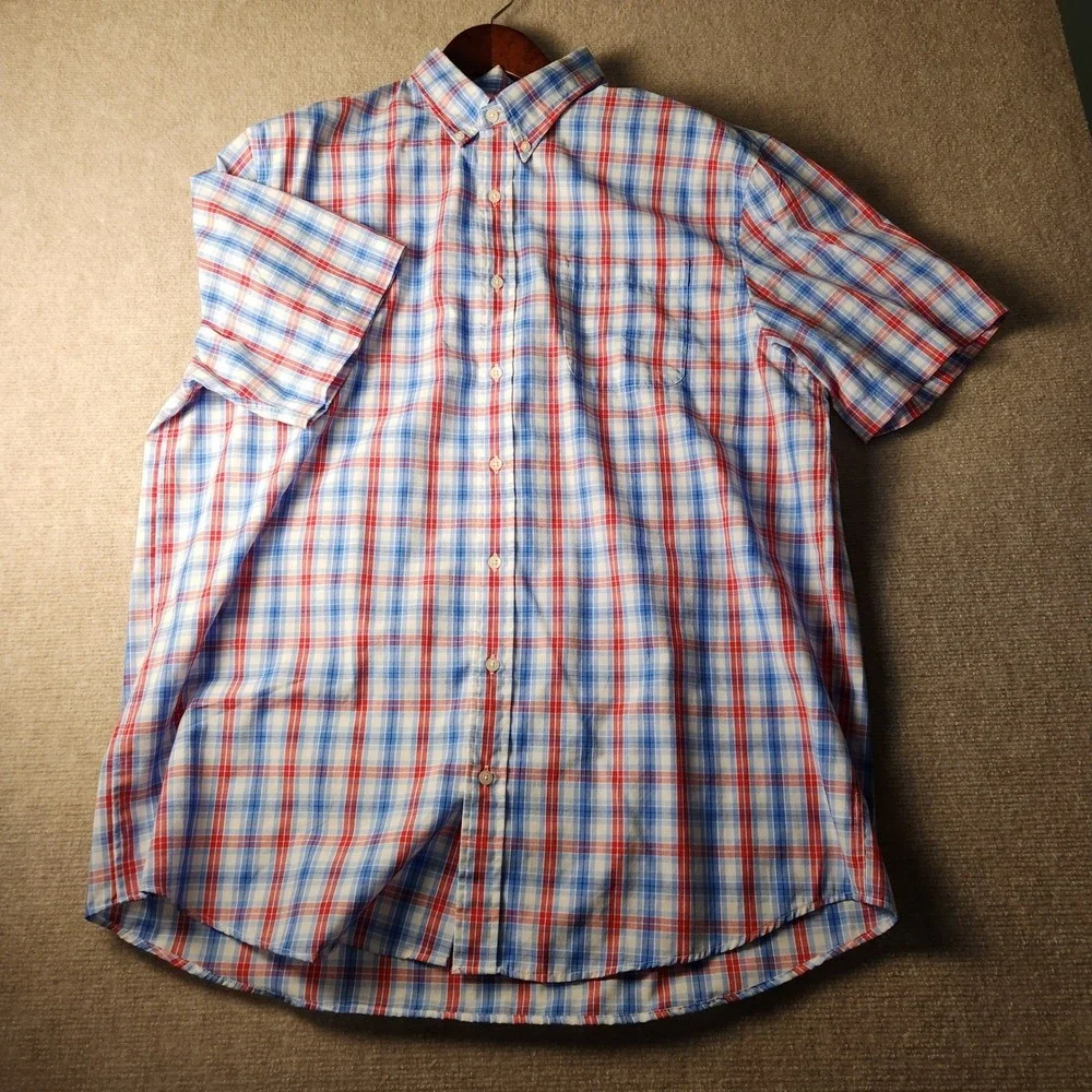 Saddlebred Button Down Shirt Mens LT Blue Red Plaid Short Sleeve Classic Fit